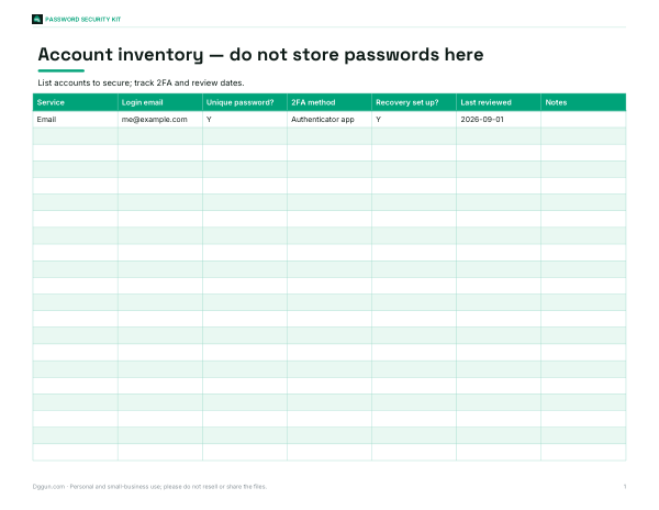 Preview of Printable Account Inventory Sheet